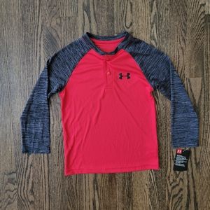 NWT Under Armour Boy’s Size 4 Long Sleeve Partial Button RAGLAN Henley Shirt Red